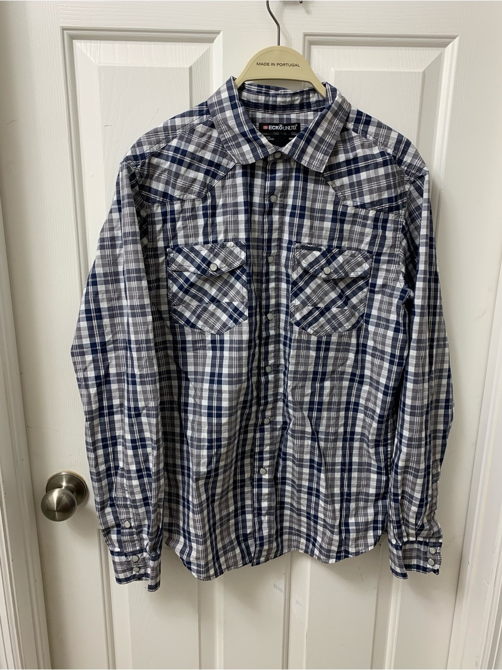 Ecko Unlimited Men's Blue White Plaid Button-Down Shirt